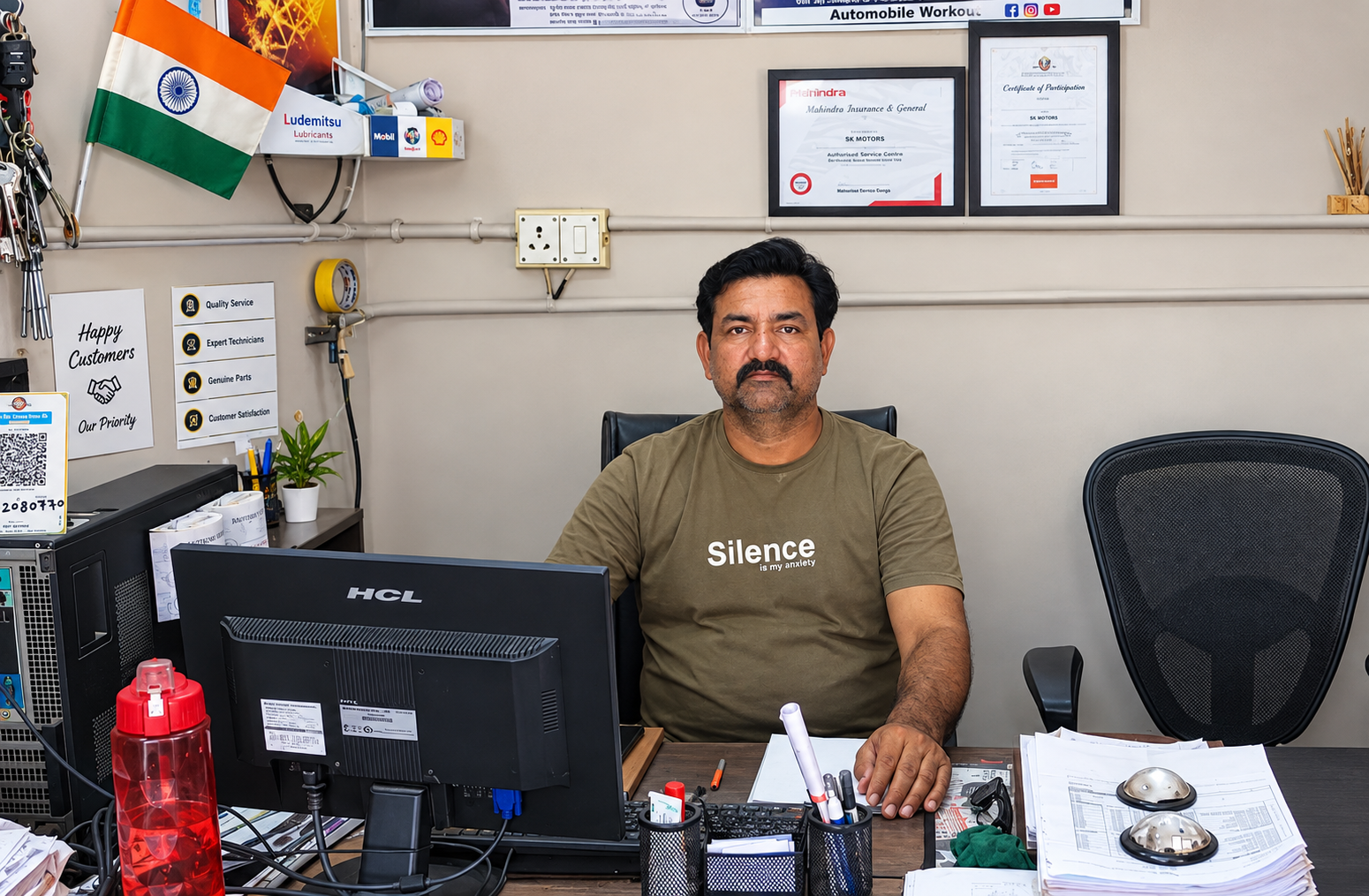 Riyaz, owner of SK Motors, seated at the workshop office desk